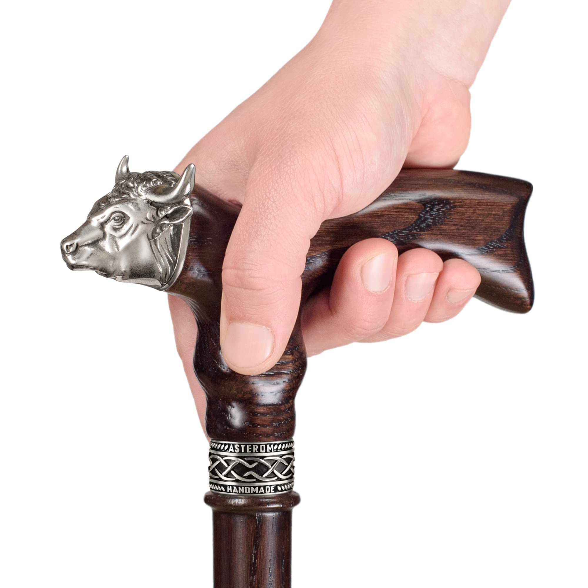 Stylish Handmade Wooden Walking Cane for Men - Bull Head Design - Fashionable Designer Walking Stick for Seniors & Adults - Perfect for Hiking, Travel & Daily Support