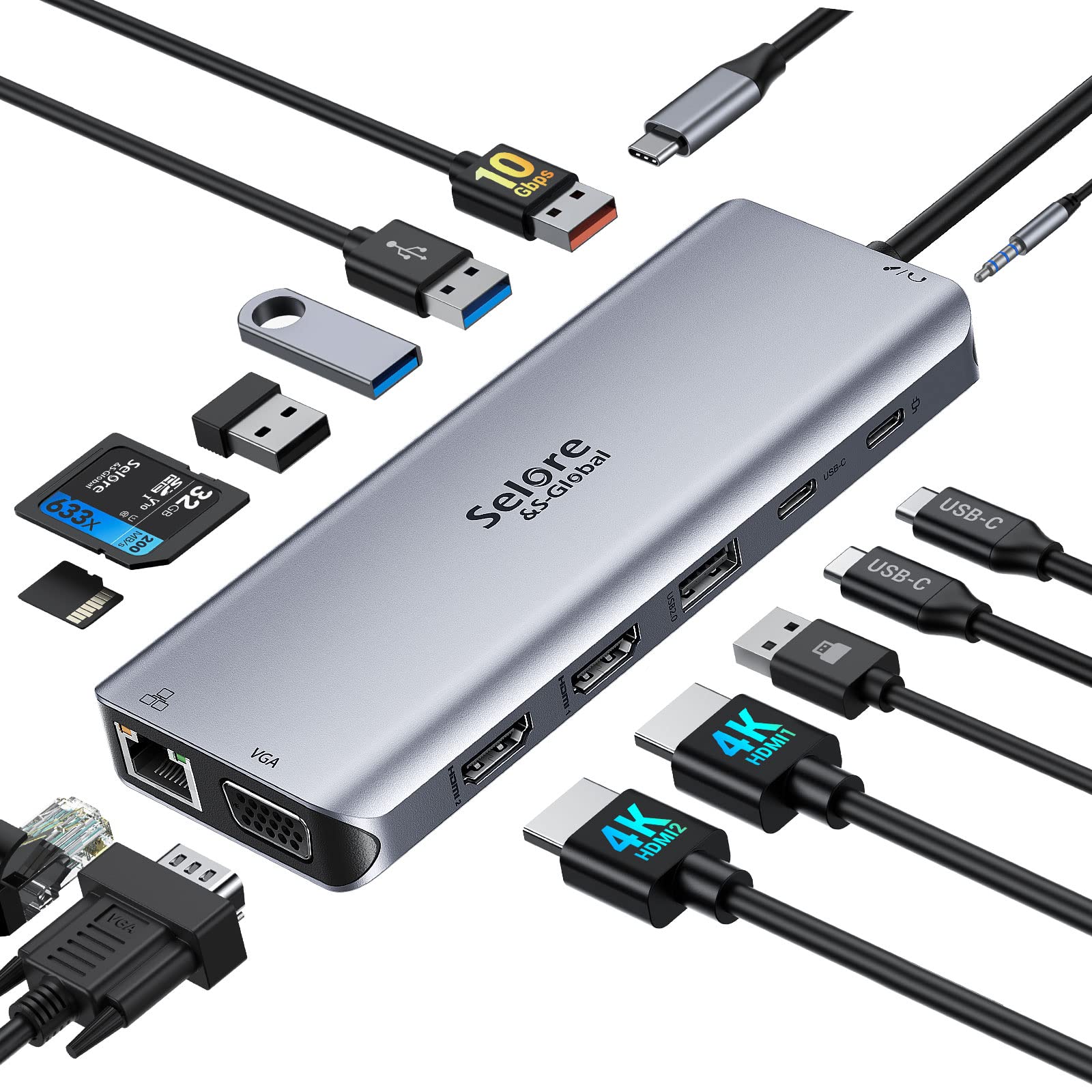 14-in-1 USB C Docking Station Dual Monitor - Triple Display 4K HDMI & VGA Adapter, 10Gbps Data Transfer, 3 USB 3.0 & 2 USB 2.0 Ports, Gigabit Ethernet, 100W PD Charging, SD/TF Card Reader, 3.5mm Audio - Perfect for Home Office, Remote Work & Multi-Screen Productivity