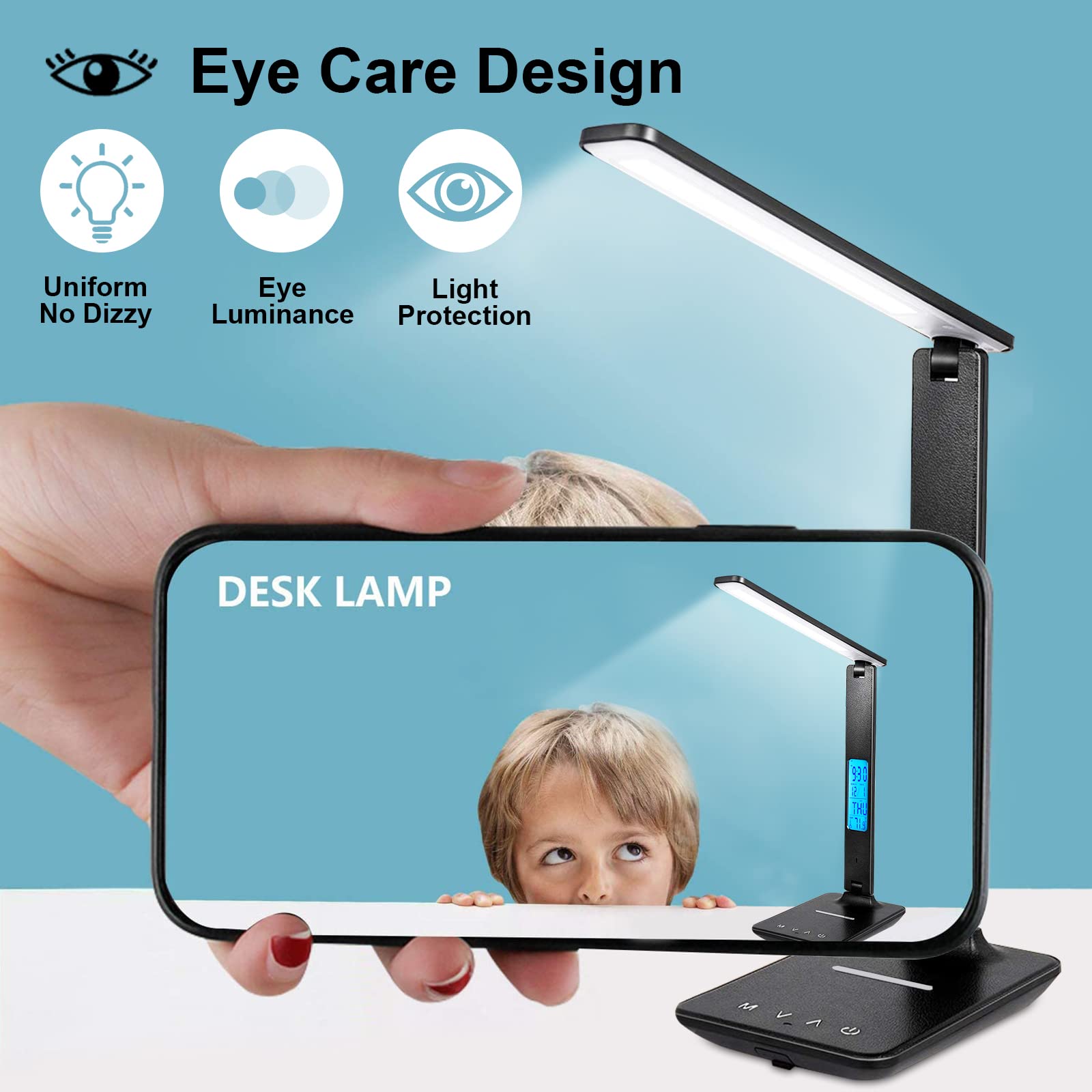 LAOPOO LED Desk Lamp with Wireless Charger & USB Port - Adjustable Brightness, Built-in Digital Clock - Perfect for Home Office, Study Room, College Dorm (Reading, Working, Night Light)