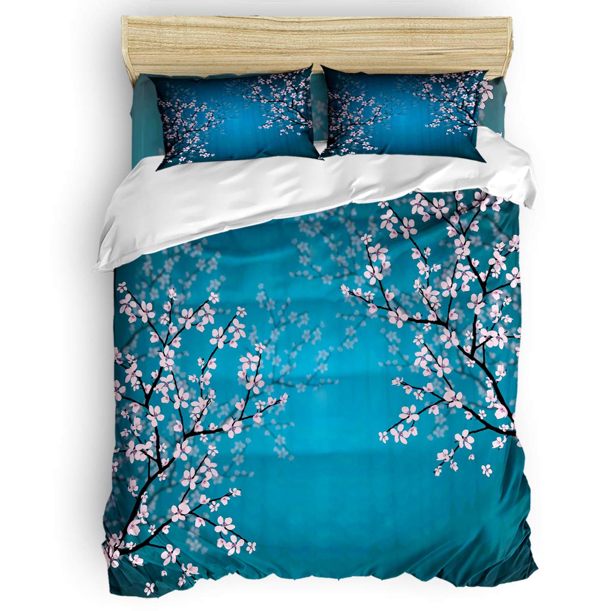 Elegant Cherry Blossoms 4-Piece Duvet Cover Set - King Size Blue Floral Bedding for Kids & Adults | Soft & Breathable Quilt Cover | Perfect for Bedroom Decor, Home Styling & Cozy Sleep