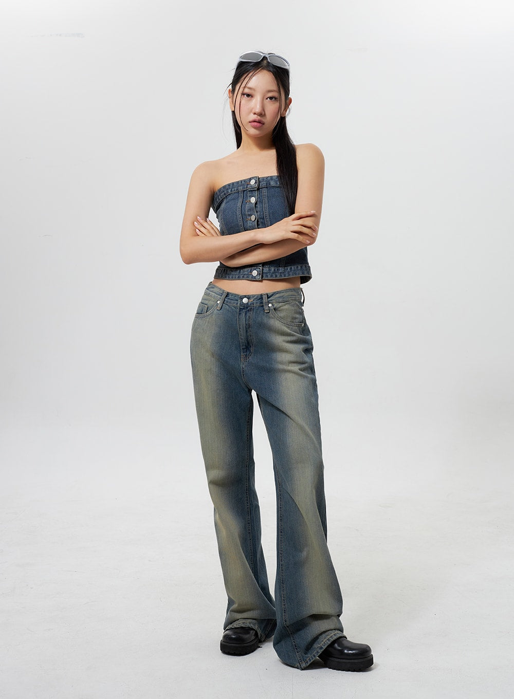 Women's Denim Button Tube Top CY323 - Stretchy Comfort Fit for Casual Wear, Summer Outfits & Music Festivals