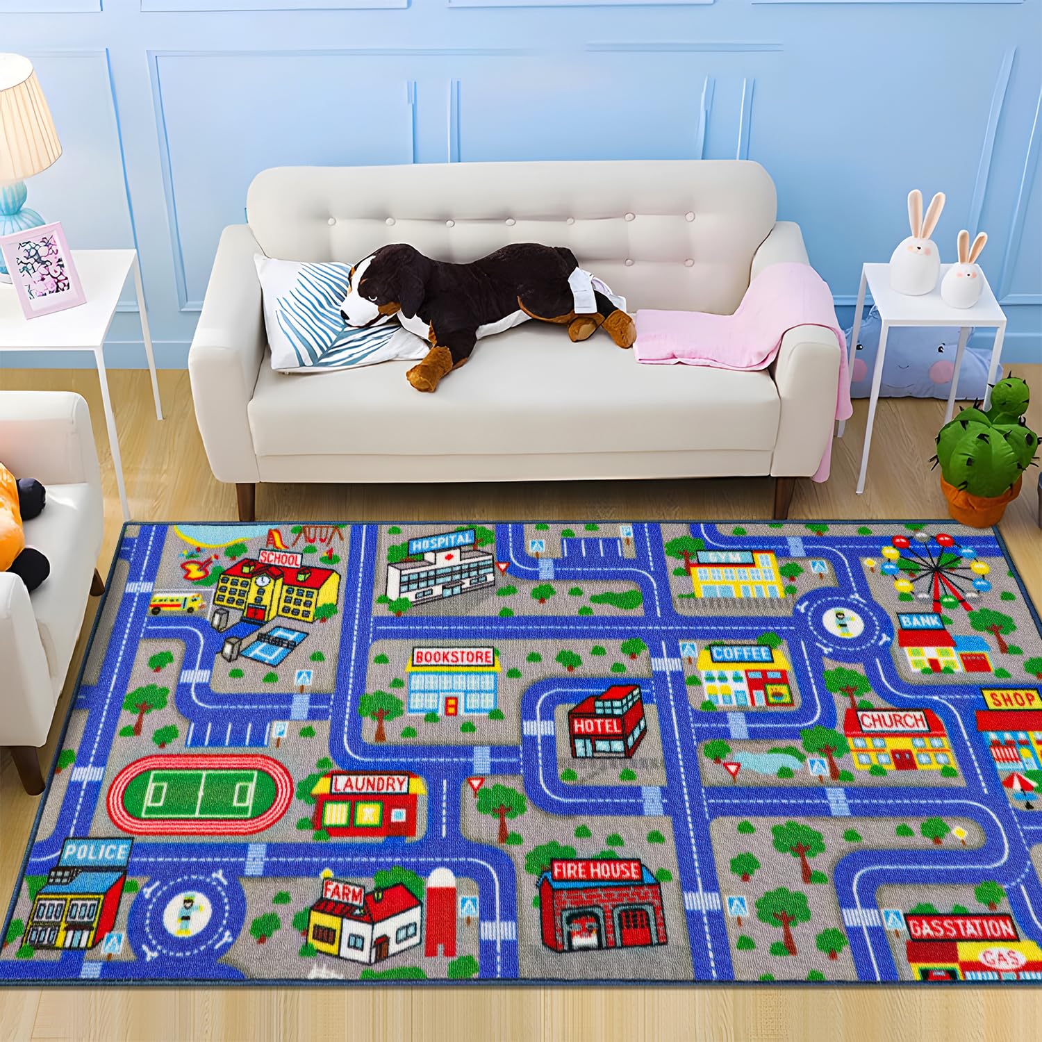 Non-Slip Washable Blue City Map Road Playmat for Kids - 5'x2.7' Carpet Rug for Toddler Playroom, Nursery & Bedroom Decor - Perfect for Pretend Play, Learning Traffic Rules & Safe Floor Activities