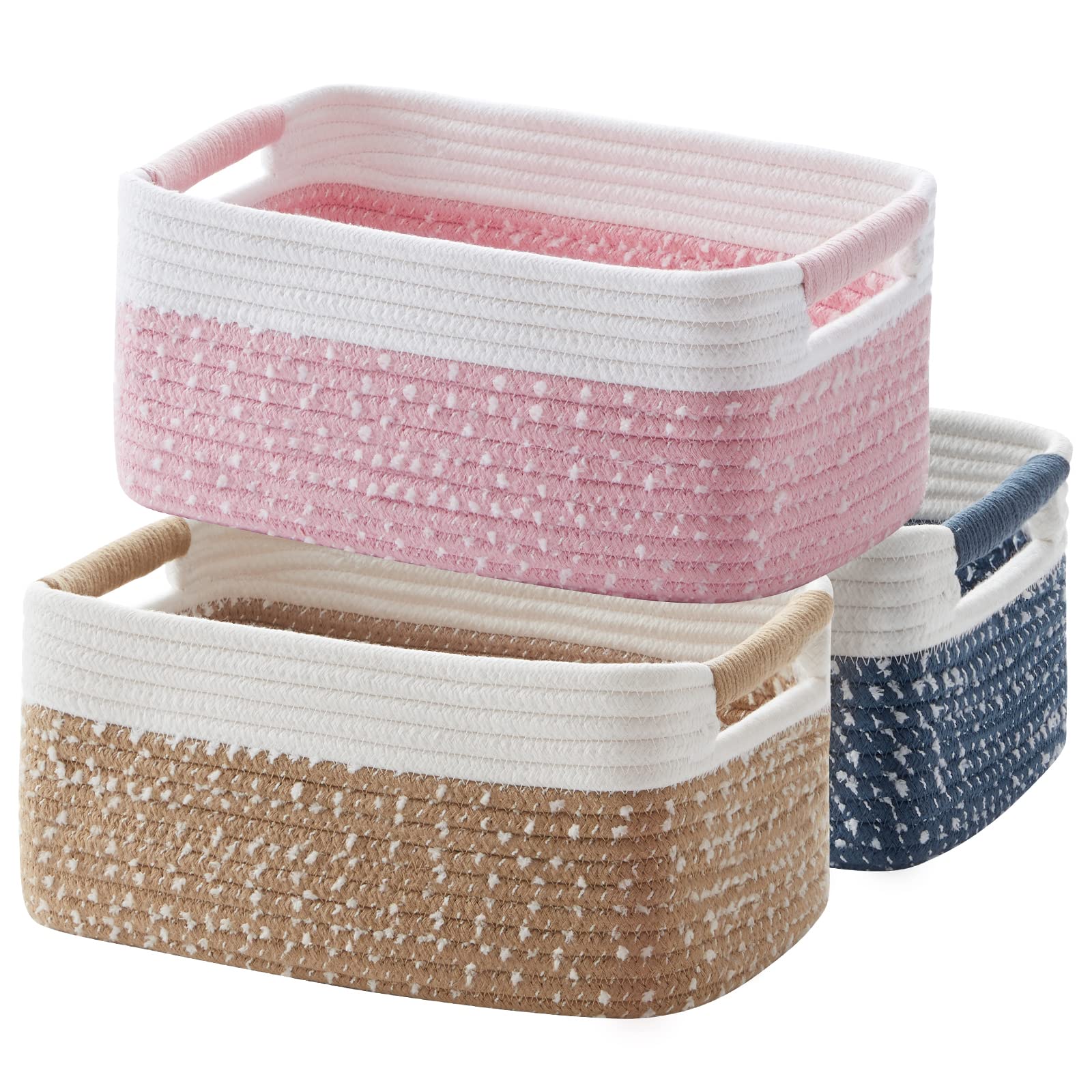 OIAHOMY 3-Pack Woven Storage Baskets with Handles - Cotton Rope Shelf Organizer for Nursery, Living Room & Bathroom - Rectangle Decorative Baskets in 3 Colors (Beige, Gray, White) - Perfect for Home Organization & Stylish Storage Solutions