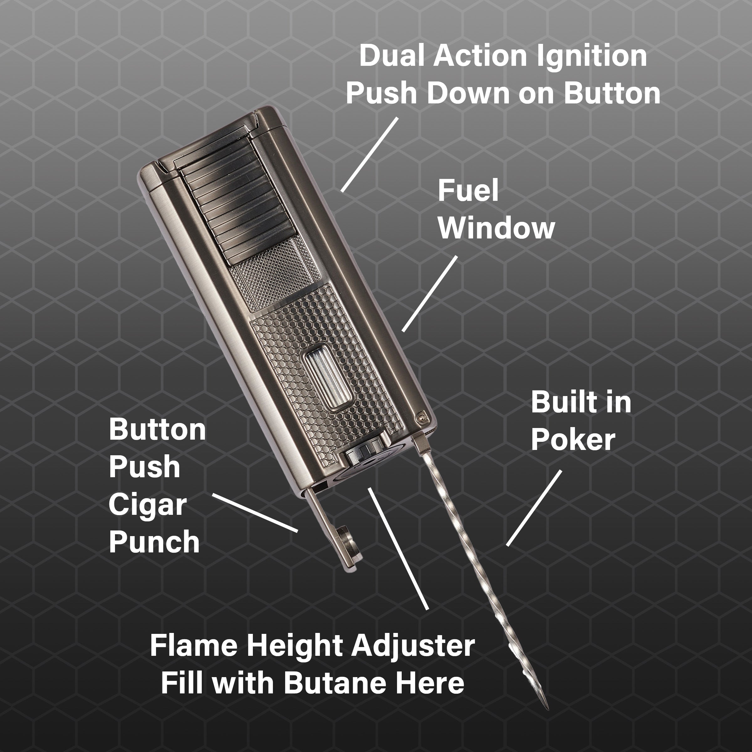 Visol Striker Triple Torch Flame Lighter with Cigar Poker - Windproof Butane Lighter for Cigars, Cigarettes & Outdoor Use (Gunmetal) - Perfect for Camping, BBQ & Survival Gear
