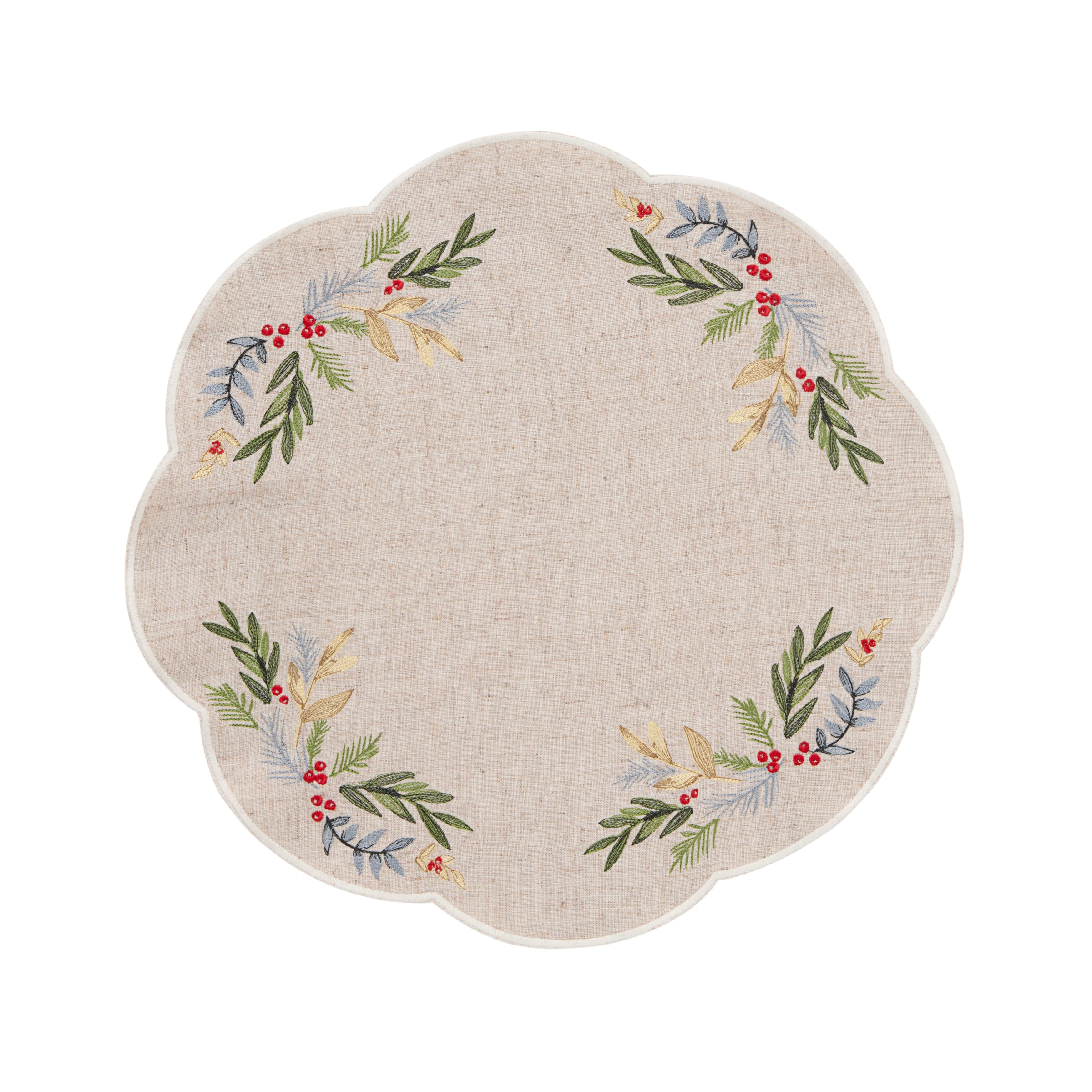 French Perle Holly Embroidered Placemats Set of 4 - Elegant Holiday Table Decor for Christmas Dinner & Festive Gatherings