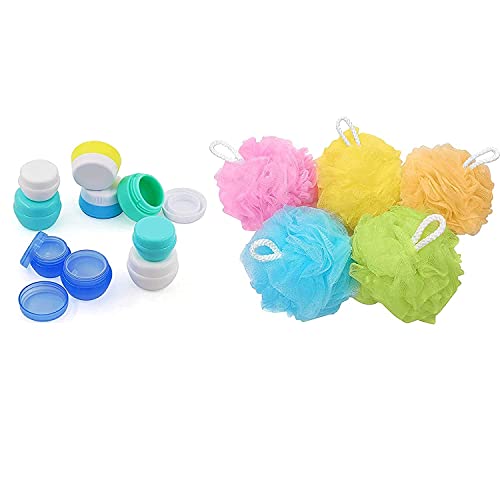 **9-Piece Silicone & PP Travel Toiletry Containers Set with 5 Large 60g Bath Sponges & Mesh Loofahs - Perfect for Shower, Gym, and Vacation Essentials**