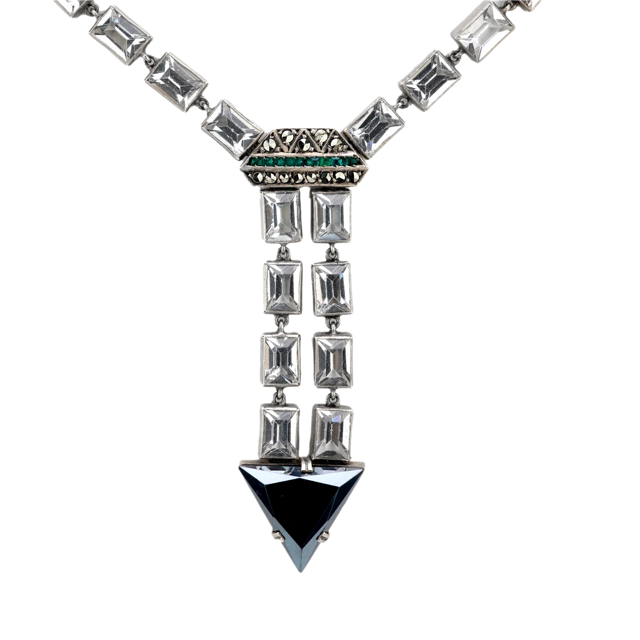 Vintage Art Deco German Sterling Silver Crystal & Marcasite Arrow Necklace - Elegant Statement Jewelry for Evening Parties, Weddings & Special Occasions
