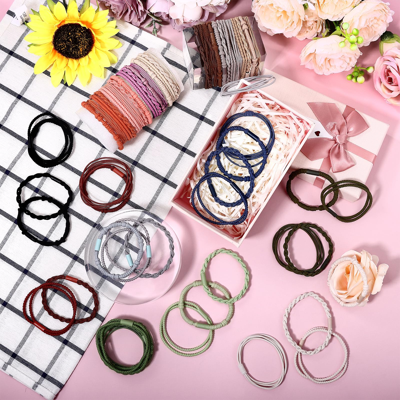 60 Pcs Boho Hair Ties Set - 4 Styles Elastic Hair Tie Bracelets for Women & Girls (Thick/Thin Hair) - Perfect for Ponytails, Braids & Everyday Wear