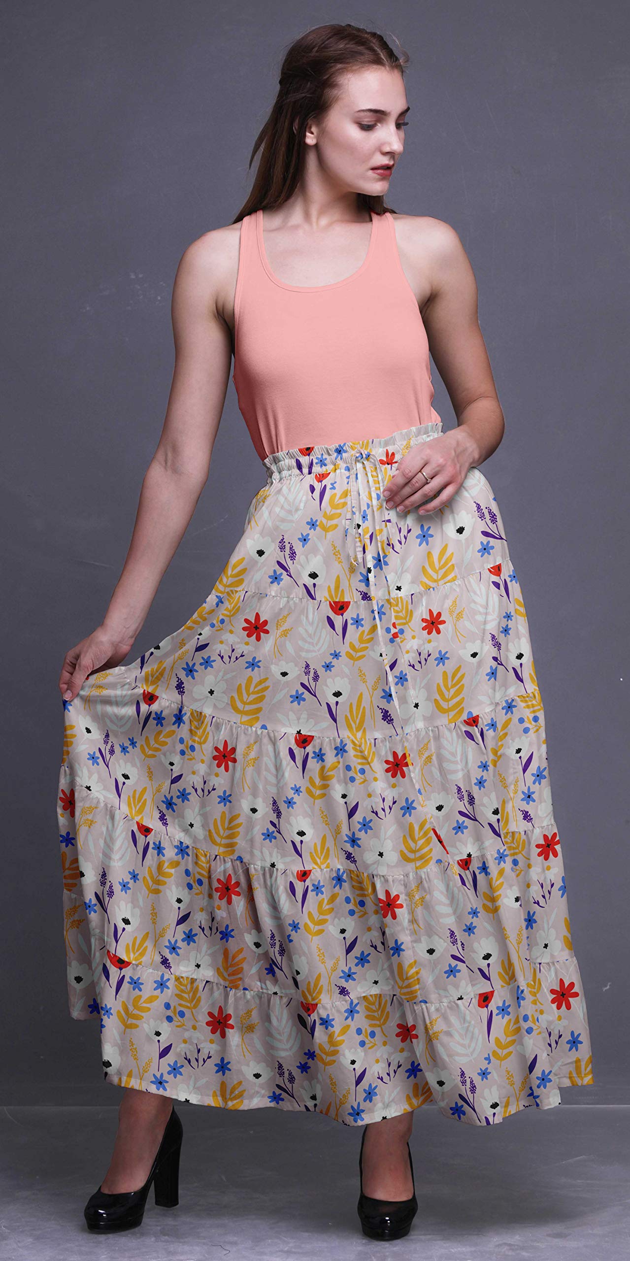 Bimba Printed Long 5-Tier Cotton Skirt for Women | Boho Maxi Skirt | Perfect for Beach Vacations, Music Festivals & Summer Outfits