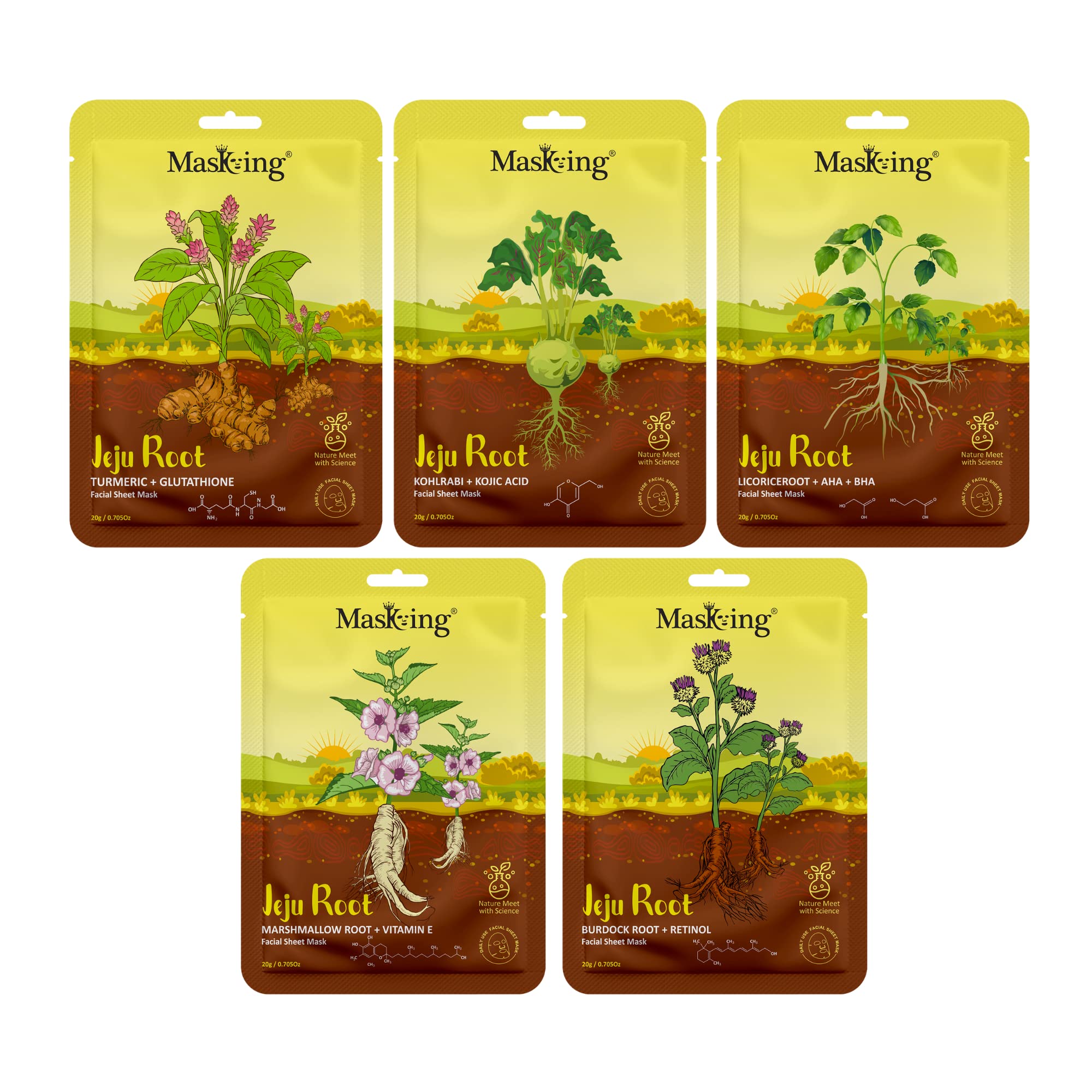 Jeju Root Hydrating & Nourishing Face Sheet Mask for Men & Women - 5 Pack | Korean Skincare for Dry Skin, Daily Moisturizing Routine
