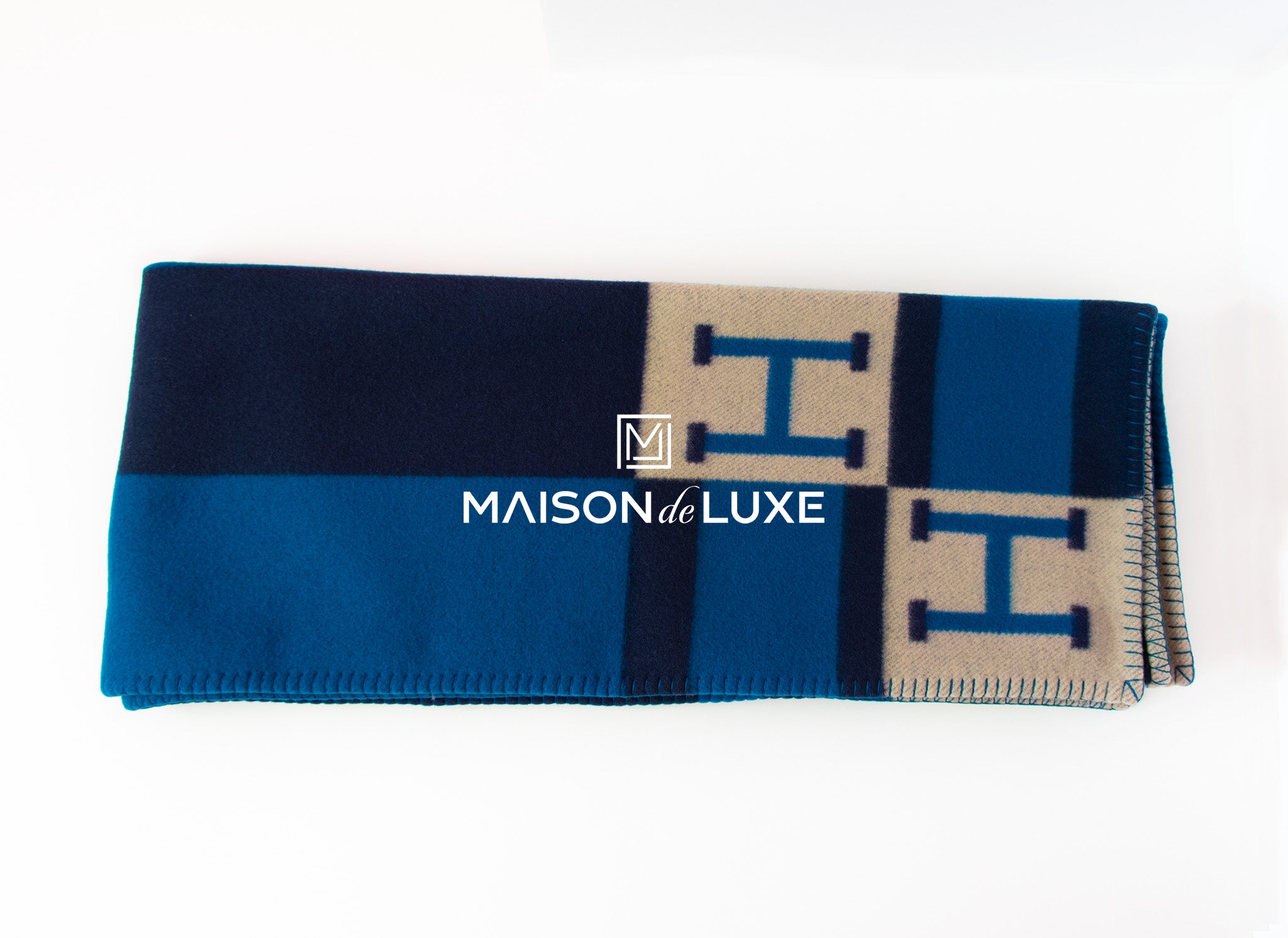 Hermes Marine Blue Wool Cashmere H Avalon Bayadere Blanket - Luxury Soft Throw for Sofa, Bed & Travel - Perfect for Home Decor, Gifts and Cozy Nights