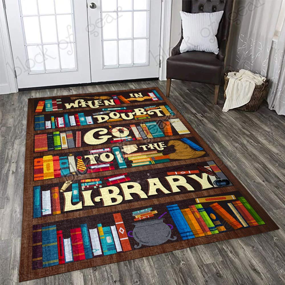 GEEMBI 3' x 5' Book Lover Area Rug - Library & Classroom Reading Rug for Kids, Bookaholics - Non-Slip Educational Rug for Living Room, Bedroom, Study - 'When in Doubt Go to The Library' Design LHA368R - Perfect for Reading Nooks, Homeschooling & Cozy Book Corners