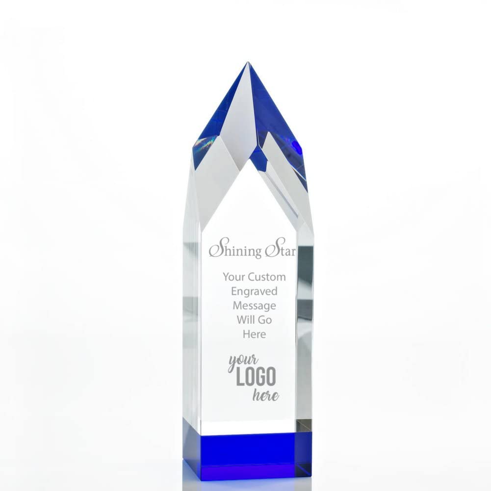 Baudville Custom Engraved Crystal Trophy with Blue Base - Personalized Employee Recognition Award - Elegant Gift Box Included | Perfect for Corporate Awards, Milestone Celebrations & Team Achievements