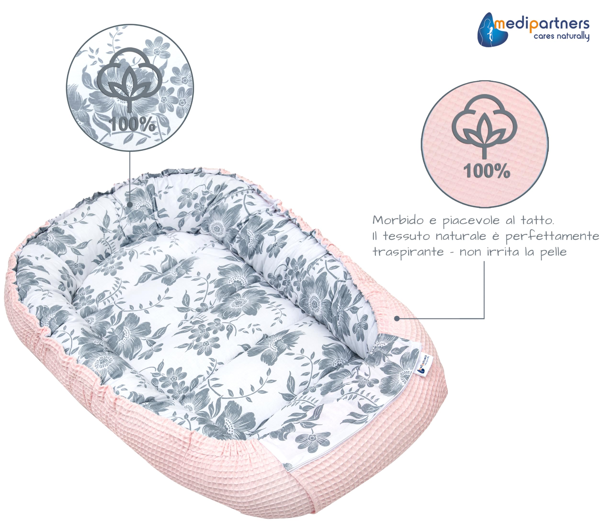 Medi Partners Baby Nest for Newborn 100x60x15cm - 100% Cotton Waffle Travel Crib with Secure Closure - Multifunctional Infant Bed for Home, Nursery & Travel (Berry Pink Waffle Design) - Perfect for Co-Sleeping, Napping & On-The-Go Comfort