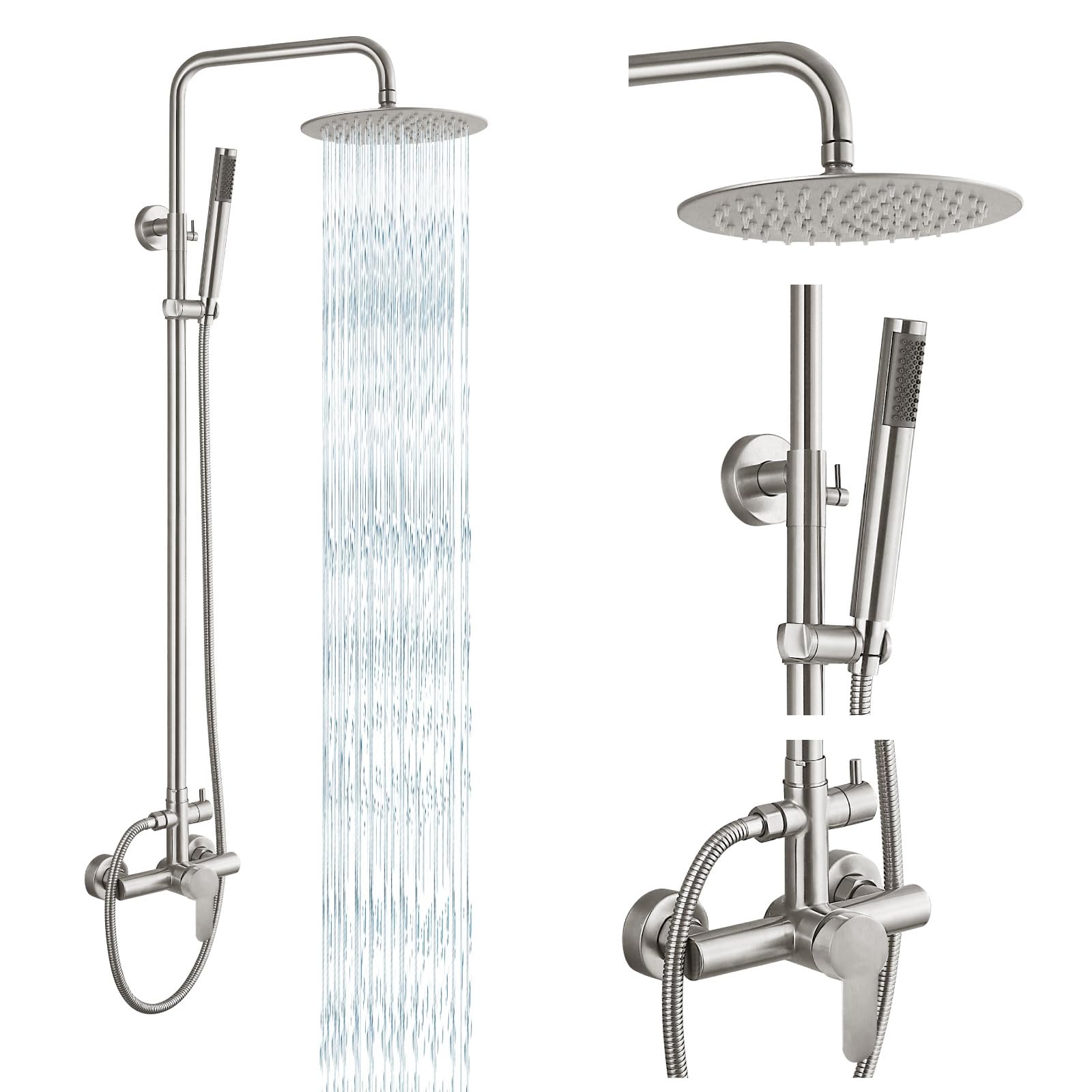 Gotonovo Outdoor Shower Faucet Set - SUS304 Stainless Steel Rainfall Shower Head with High Pressure Hand Spray, 2-Function Wall Mount System in Brushed Nickel (8 Inch) - Perfect for Patio, Poolside, and Garden Use