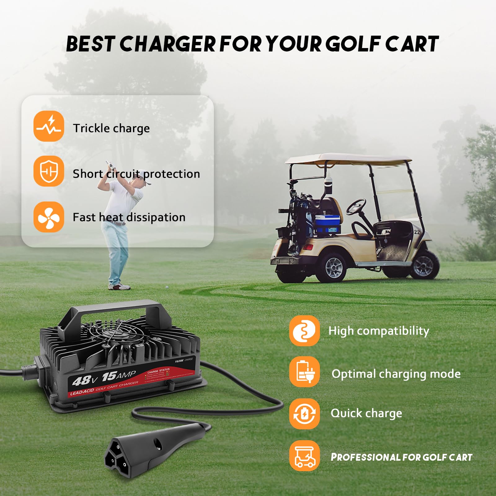 48V Golf Cart Battery Charger 15AMP for EZGO RXV & TXT - Fast Charging, Waterproof Design - Perfect for Golf Courses, Resorts & Residential Communities