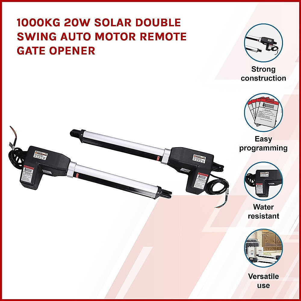 1000KG 20W Solar Powered Double Swing Automatic Gate Opener with Remote Control - Perfect for Driveway, Farm, and Ranch Security Access