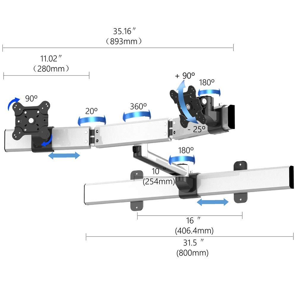 Adjustable Dual Monitor Wall Mount Bracket with Swivel Arm - Slideable VESA Stand for 13-32 Inch Screens - Perfect for Home Office, Gaming & Workspace Setup