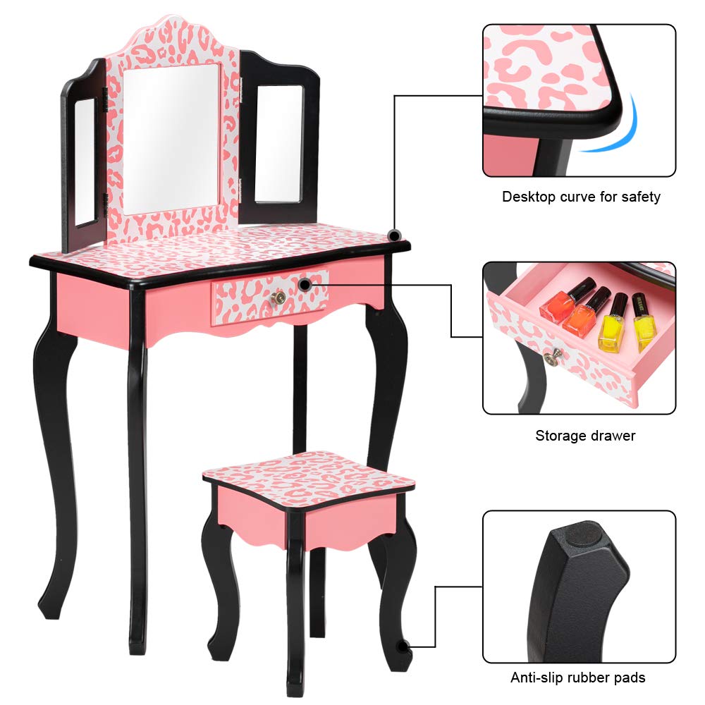 Bonnlo Kids Vanity Set - Modern Princess Vanity Table with Stool & Tri-Folding Mirror, Girls Makeup Dressing Table with Drawer, Perfect for Bedroom Decor & Pretend Play (Pink/White) - Ideal for Birthday Gifts, Room Makeover & Dress-Up Playtime