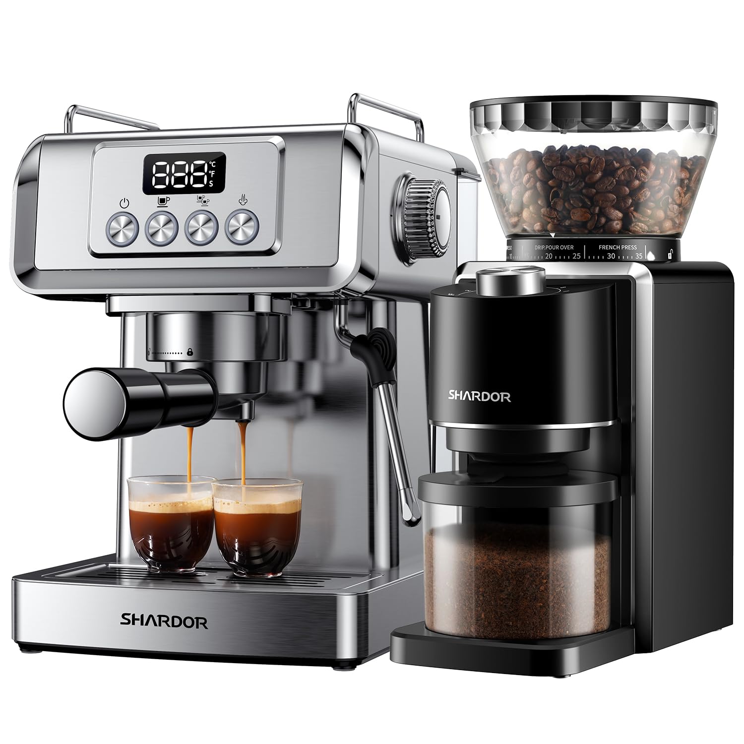 SHARDOR Conical Burr Coffee Grinder - 20 Bar Espresso Machine with Built-in Grinder for Fresh Coffee - Perfect for Home, Office & Coffee Shop Use