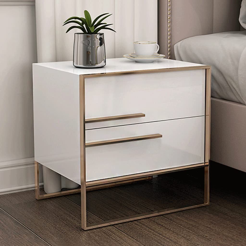 Nordic Style Modern Minimalist Bedside Table - White Nightstand with Storage Cabinet for Bedroom, Stainless Steel Frame, Black & White Paint - Perfect for Small Spaces, Apartment Living & Guest Rooms