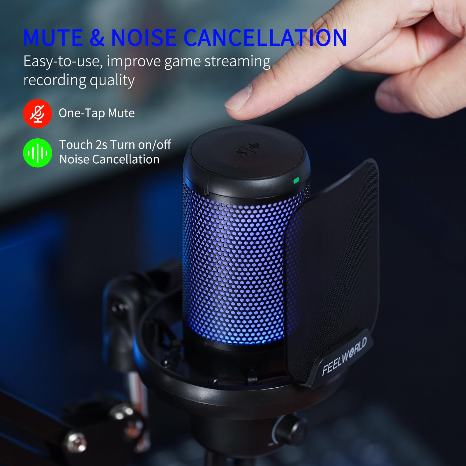 FEELWORLD VM1 USB Condenser Microphone with Noise Cancellation & RGB Light for Gaming PC, PS4, PS5 - Perfect for Streaming, Podcasting, YouTube, Twitch & Online Chat (Gamer Computer Accessories)