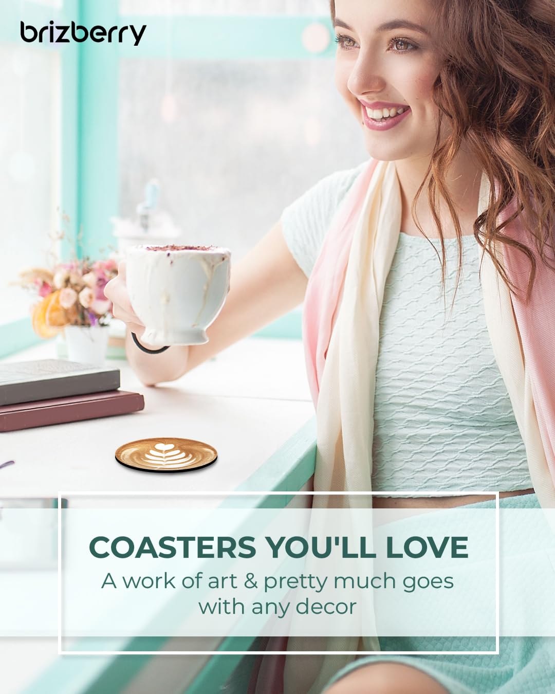Premium Wooden Coasters Set of 6 - 3.5x3.5 Inch Absorbent & Durable for Coffee, Tea, Wine Glasses - Elegant Printed Designs for Home, Office, Restaurant Use - Brizberry Brizcoast Collection