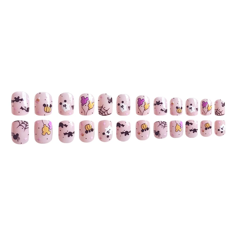 24Pcs Halloween Press on Nails - Short Ghost Pumpkin Fake Nails with Balloon Bat Design, Square Glossy Full Cover Nail Tips with Glue - Acrylic Nail Kits for Women and Girls - Perfect for Halloween Parties, Costume Events and Spooky Nail Art