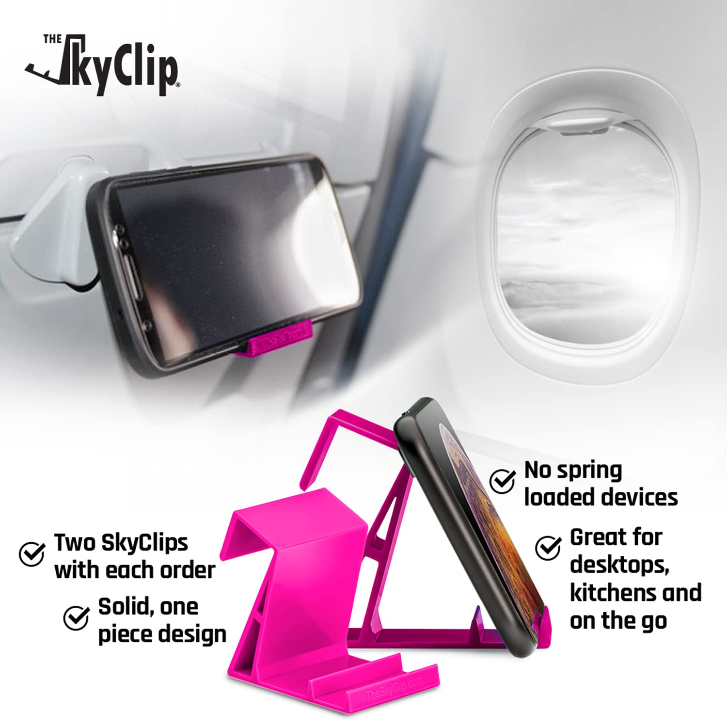 SkyClip Airplane Phone Holder - Inflight Seat Back Tray Table Clip & Durable Phone Stand for iPhone, Android, Tablets & E-readers | Travel Essential (Pink, 2 Pack) | Perfect for Watching Movies, Reading & Working During Flights