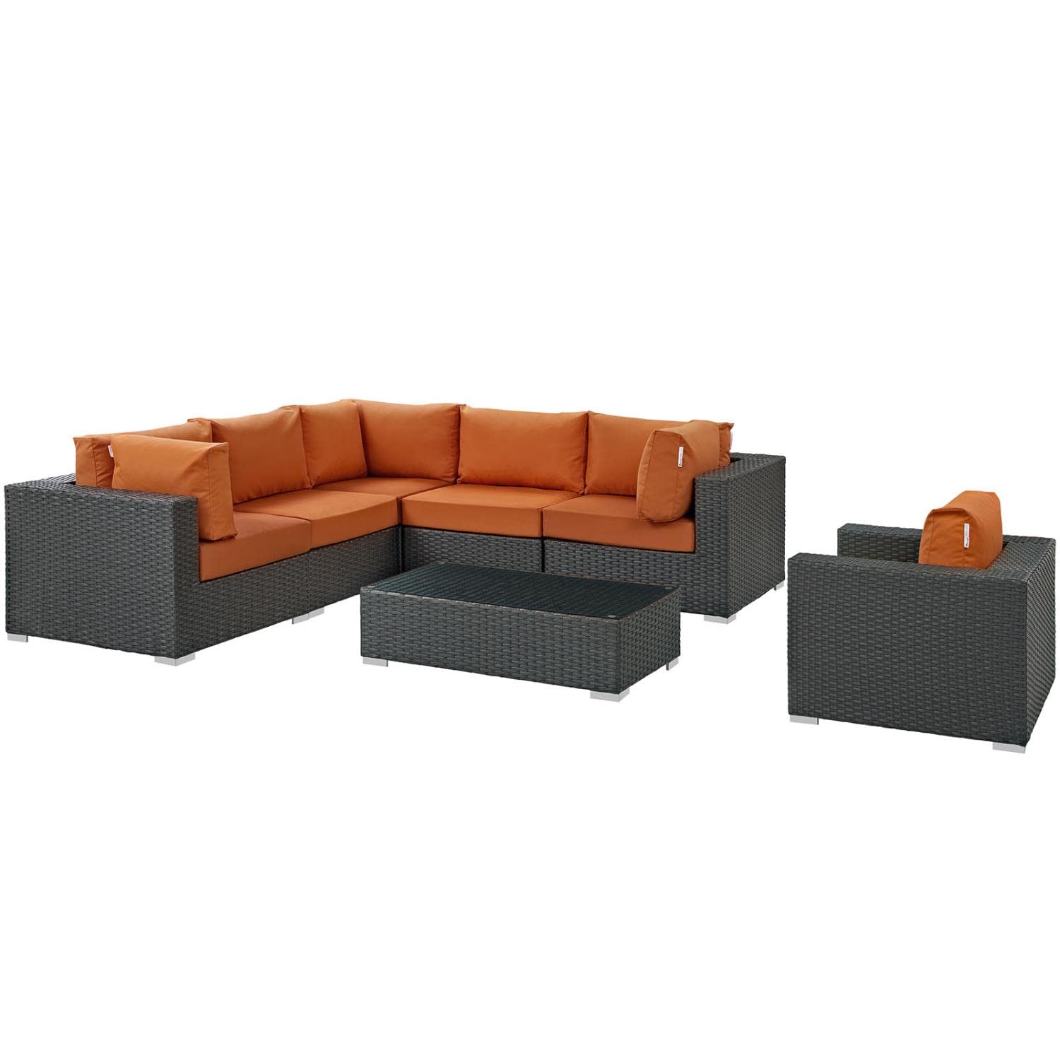 Modway Sojourn 7-Piece Outdoor Patio Sectional Set - Wicker Rattan Furniture with Sunbrella Canvas Cushions in Tuscan Beige - Perfect for Backyard, Garden, and Poolside Relaxation