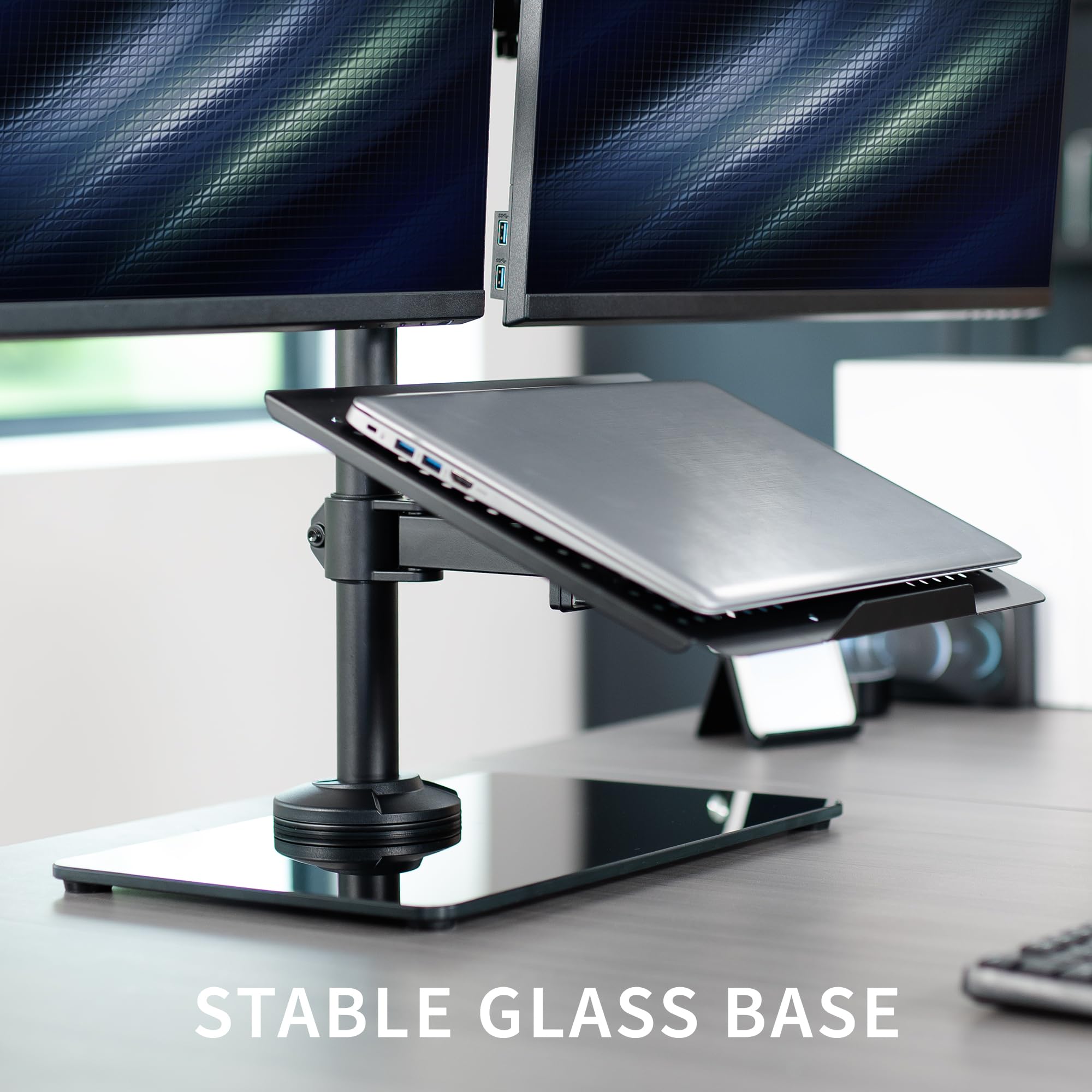 VIVO Dual Monitor and Laptop Stand with Glass Base - Adjustable Freestanding Desk Mount for 32 inch Screens & 17 inch Laptops, Black (STAND-V003FGL) - Perfect for Home Office, Gaming Setup, and Workspace Organization