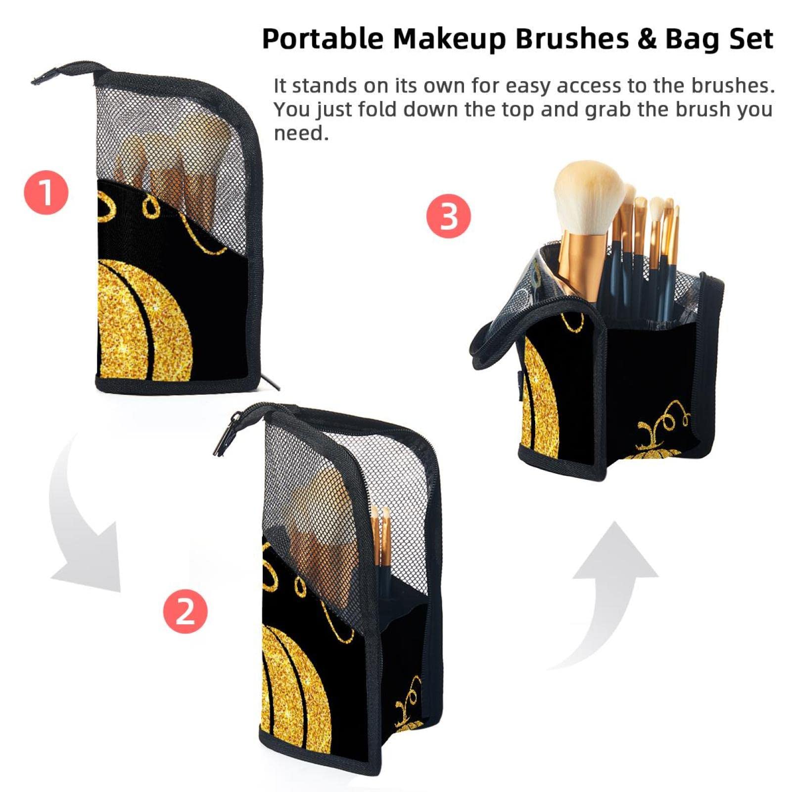 Premium Makeup Brush Organizer Bag with 12 Brushes - Gold Pumpkin Design Portable Cosmetic Brush Holder Case for Travel, Home Vanity & Professional Makeup Artists