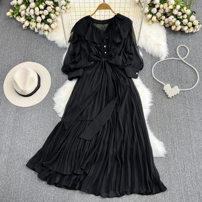 Elegant V-Neck Ruffled A-Line Pleated Dress - Women's Flowy Party & Cocktail Dress for Evening Events, Weddings & Special Occasions