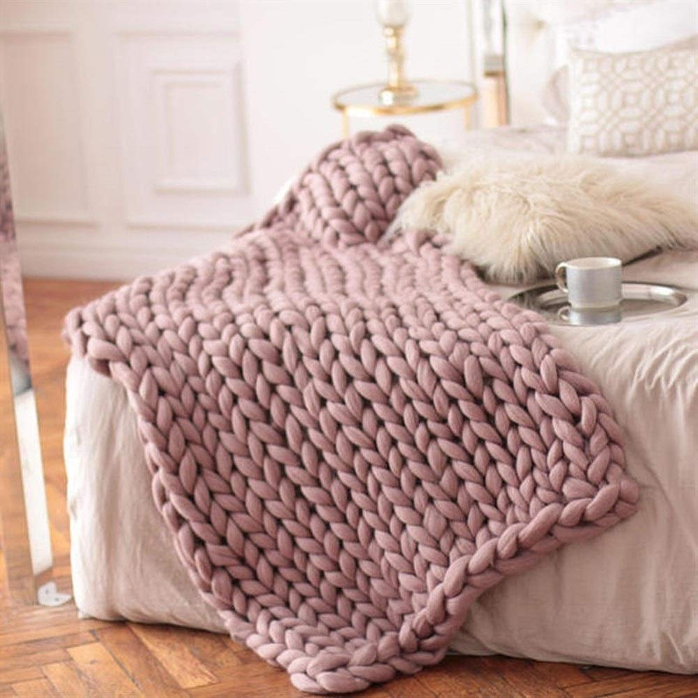 Soft Chunky Merino Wool Knit Blanket - Warm Thick Hand-Knitted Throw for Sofa, Bed & Home Decor - 80x100cm Pink Cozy Blanket for Winter, Gifts & Nursery