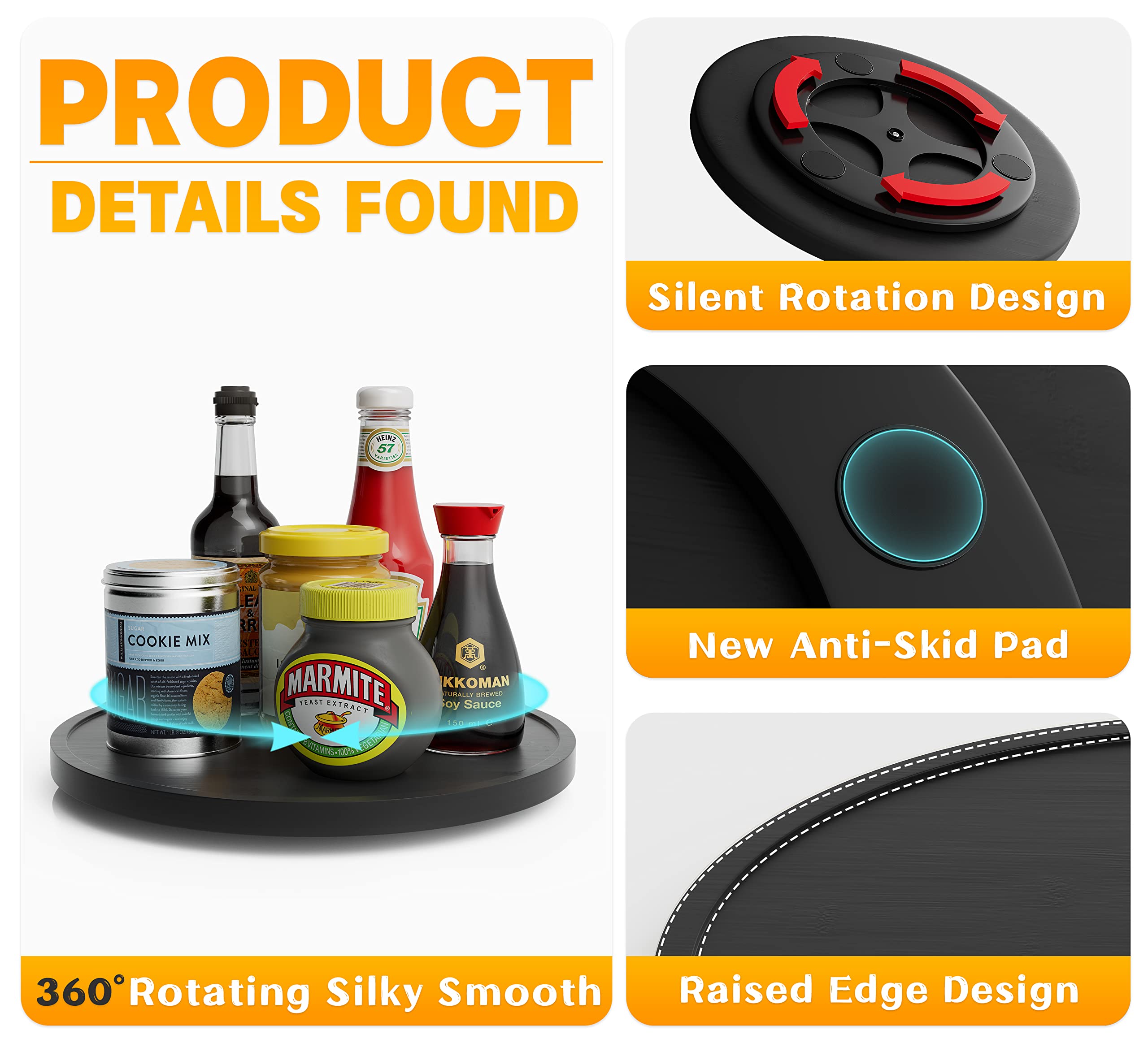 10 Inch Non-Skid Bamboo Lazy Susan Turntable Organizer - Rotating Spice Rack for Kitchen Cabinet & Countertop - Wooden Black Kitchen Organizer for Spices, Condiments, Makeup, or Office Supplies - Perfect for Pantry, Dining Table, Vanity & Workspace