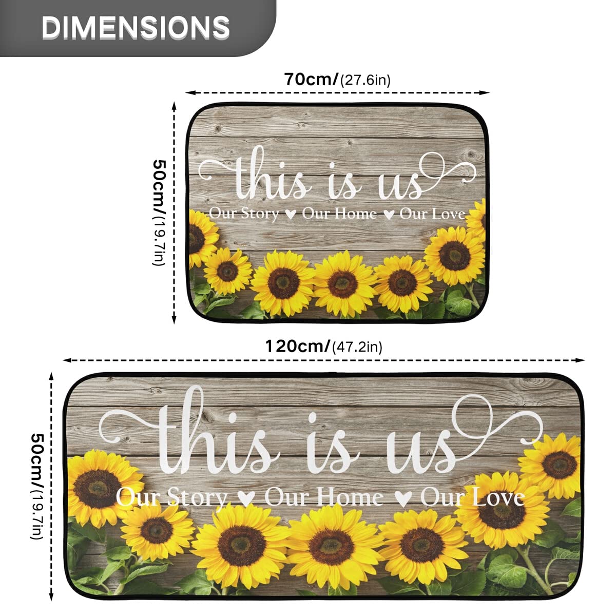 Sunflowers Non-Slip Washable Kitchen Rugs and Mats Set of 2 - Decorative Runner for Home, Kitchen, Laundry, and Bathroom Floors