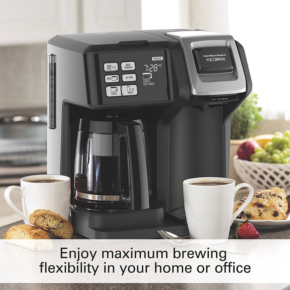 Hamilton Beach FlexBrew 2-Way Programmable Coffee Maker (49976) - Single Serve & 12-Cup Carafe, Compatible with K-Cup Pods & Ground Coffee, Includes Support Extension - Perfect for Home, Office, and Kitchen Use