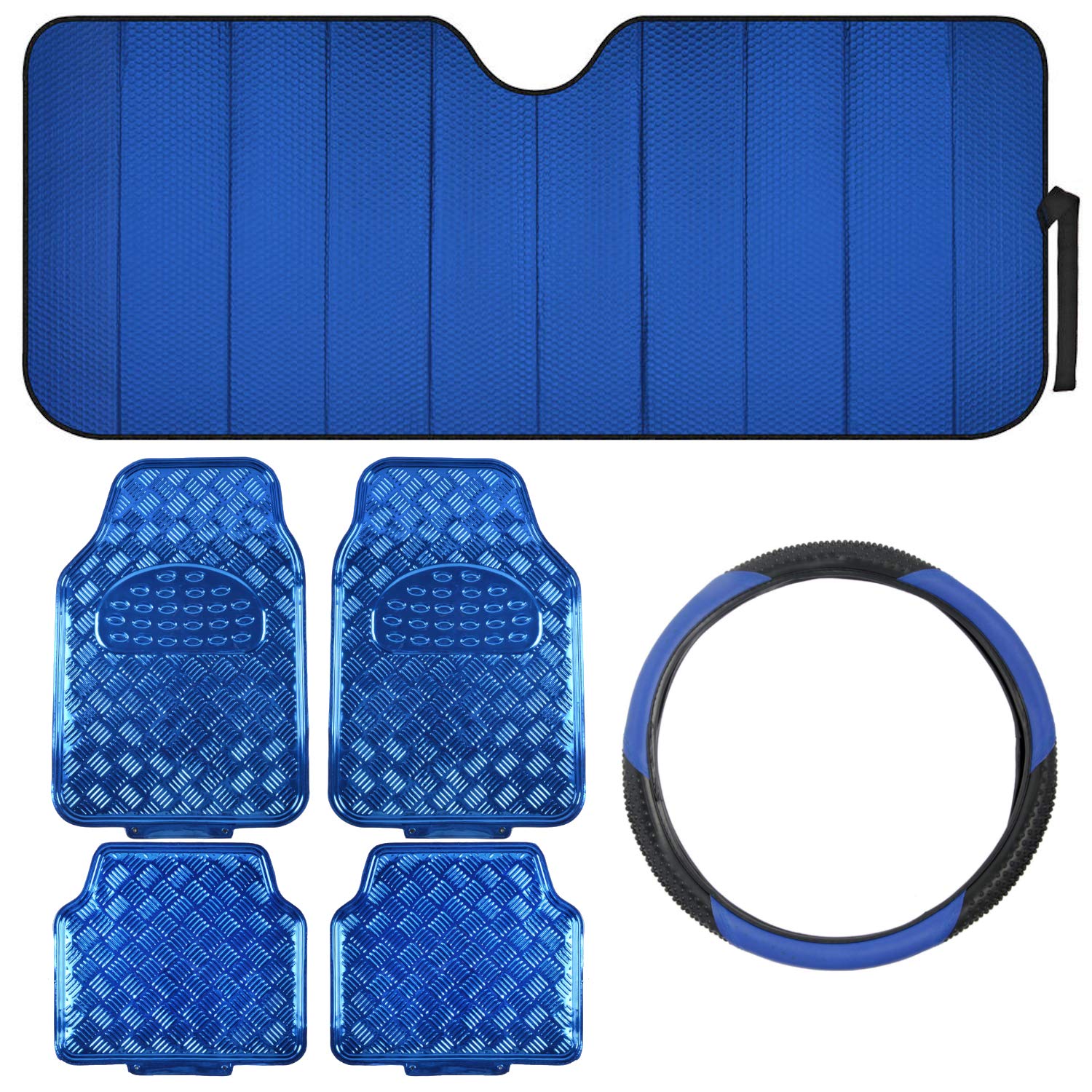 BDK 6-Piece Premium Car Accessory Set - Heavy Duty All-Weather Floor Mats, Windshield Sunshade & Sport Steering Wheel Cover - Perfect Car Gift for Holidays & Special Occasions (Blue) - Ideal for Road Trips, Daily Commute & Vehicle Protection