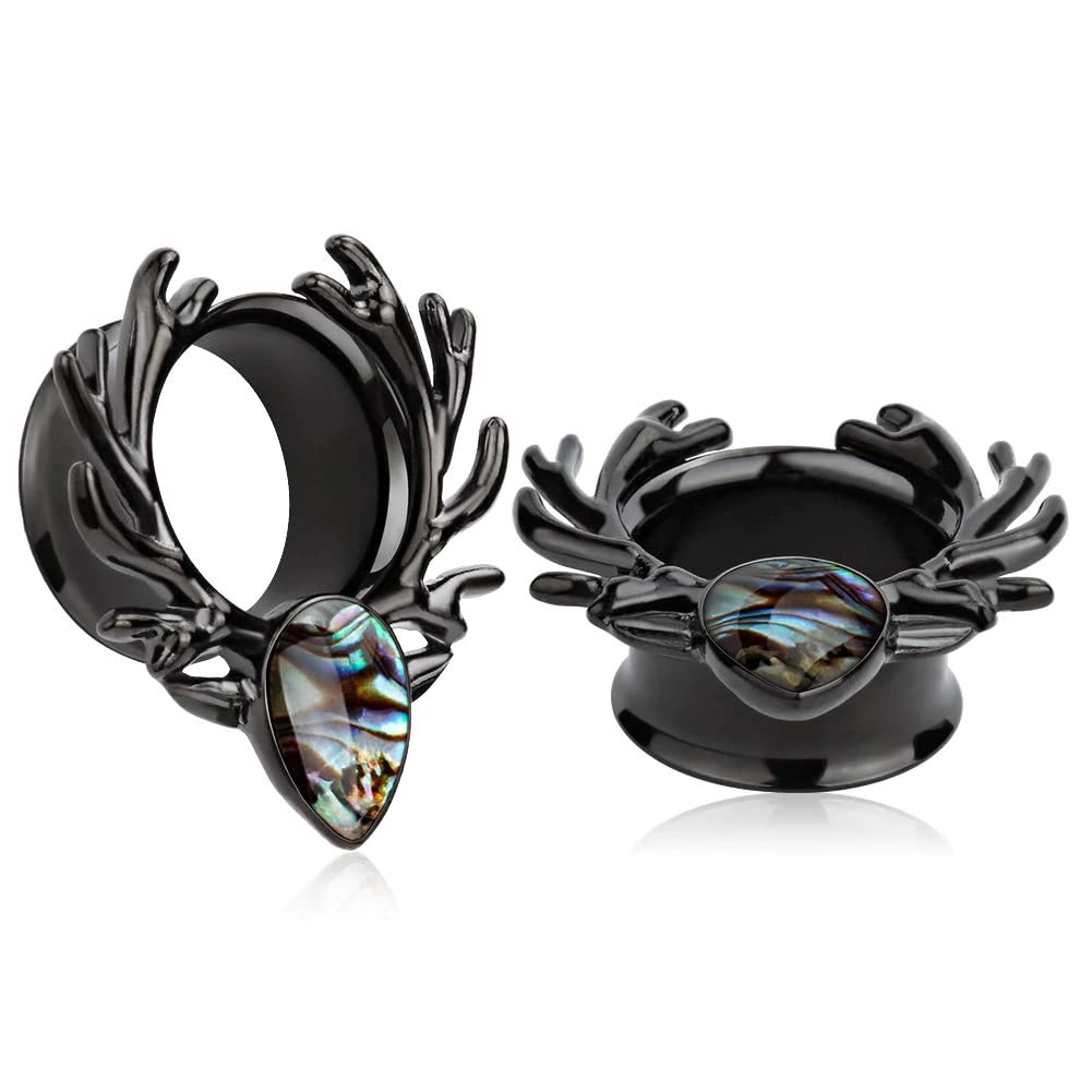 KUBOOZ Black Sea-Shell Forest Antlers Silver Opal Ear Plugs Tunnels - 1 Pair Stretcher Gauges for Ear Piercing - Boho Chic Jewelry for Women & Men, Perfect for Festivals, Parties and Everyday Wear