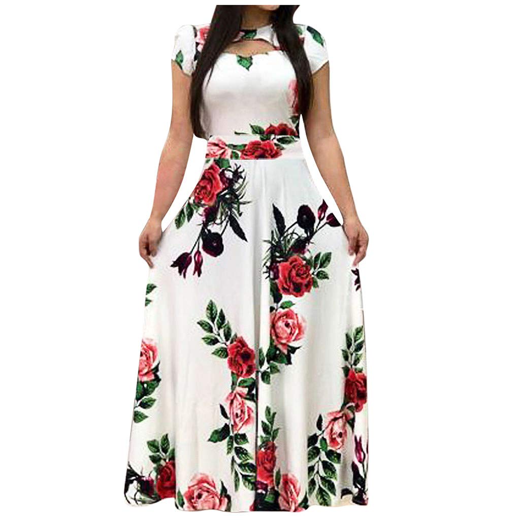 Floral Print Plus Size Maxi Dress for Women - Short Sleeve Cut Out Empire Waist Summer Dress for Beach, Party & Casual Wear