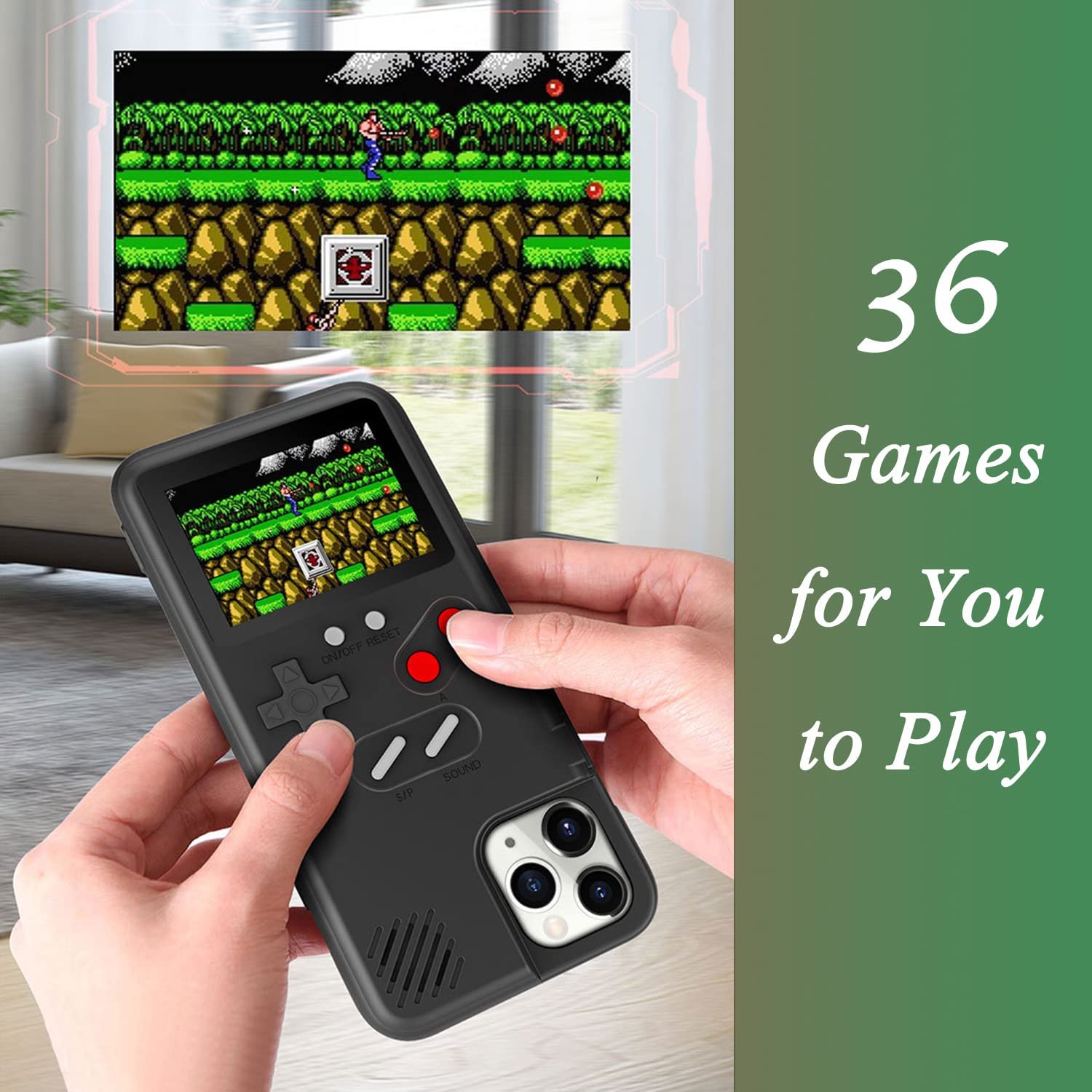 Retro Self-Powered Color Screen Gameboy Protection Case with 36 Mini Games for iPhone SE/6/6S/7/8 - Black | Perfect for Gaming Enthusiasts & Nostalgic Play