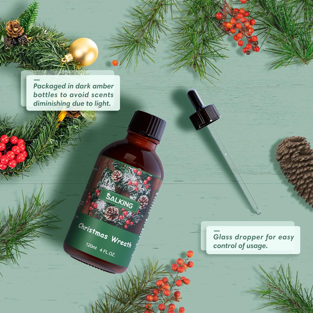 SALKING Christmas Wreath Essential Oil 120ml - Winter Holiday Aromatherapy Oil for Diffusers, Humidifiers & Oil Burners - Natural Fragrance for Relaxation, Massage & Gifts - Perfect for Christmas Decor, Home Scenting & Holiday Ambiance