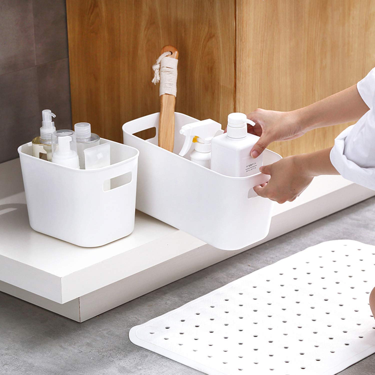 Yopay 6-Pack White Plastic Storage Bins with Handles for Shelves & Pantry Organization - Perfect for Hand Soaps, Body Wash, Shampoos, Lotions, Towels, Cosmetics, Snacks & Spices | Ideal for Bathroom, Kitchen & Closet Storage