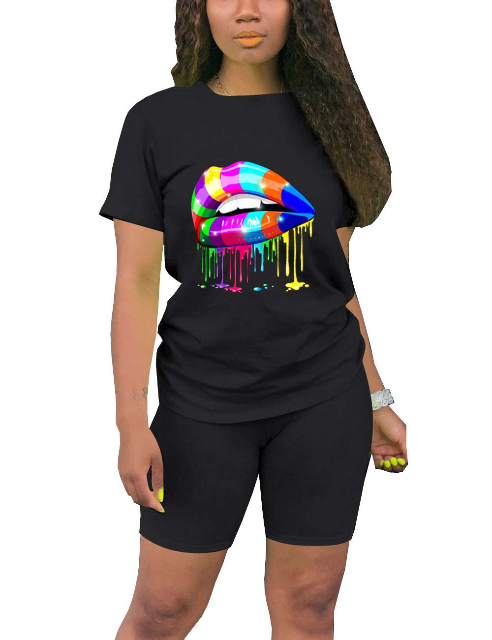 AKMIPOEM Women's 2-Piece Summer Outfit - Casual Short Sleeve Top & Biker Shorts Set | Comfortable Tracksuit for Gym, Yoga, Running & Streetwear Fashion