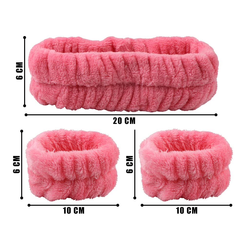 Surakey Fleece Headband Set - Soft Coral Elastic Hair Bands & Wristbands for Women, Plush Spa Headbands for Shower, Yoga, Makeup, Skincare & Exercise - Perfect for Gym, Beauty Routine & Relaxation