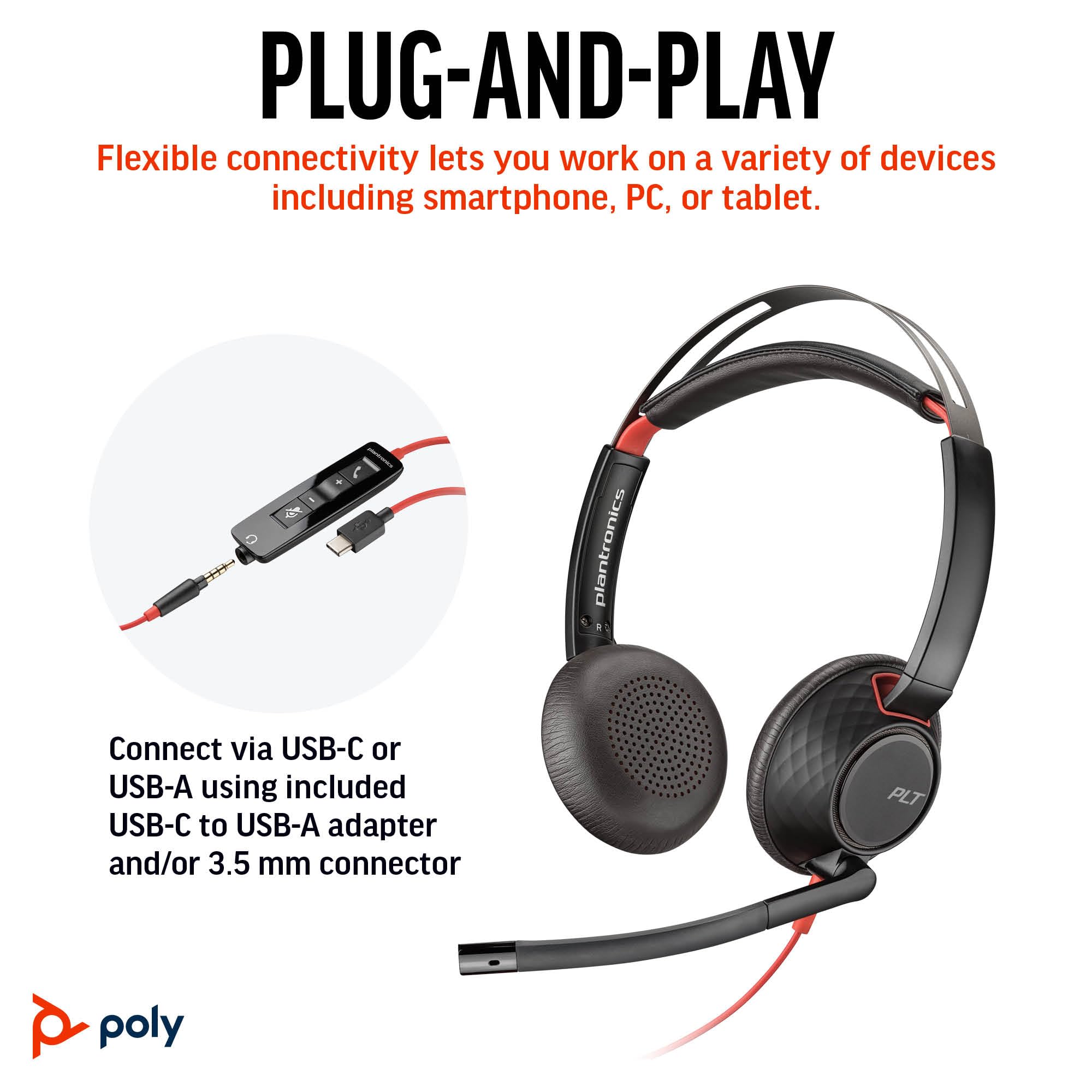 Poly Blackwire 5220 Wired Headset with Noise-Canceling Mic for PC, Mac & Mobile | USB-C/USB-A/3.5mm | Compatible with Teams, Zoom & VoIP Calls | Ergonomic Office Headphones for Remote Work & Online Meetings (Amazon Exclusive)