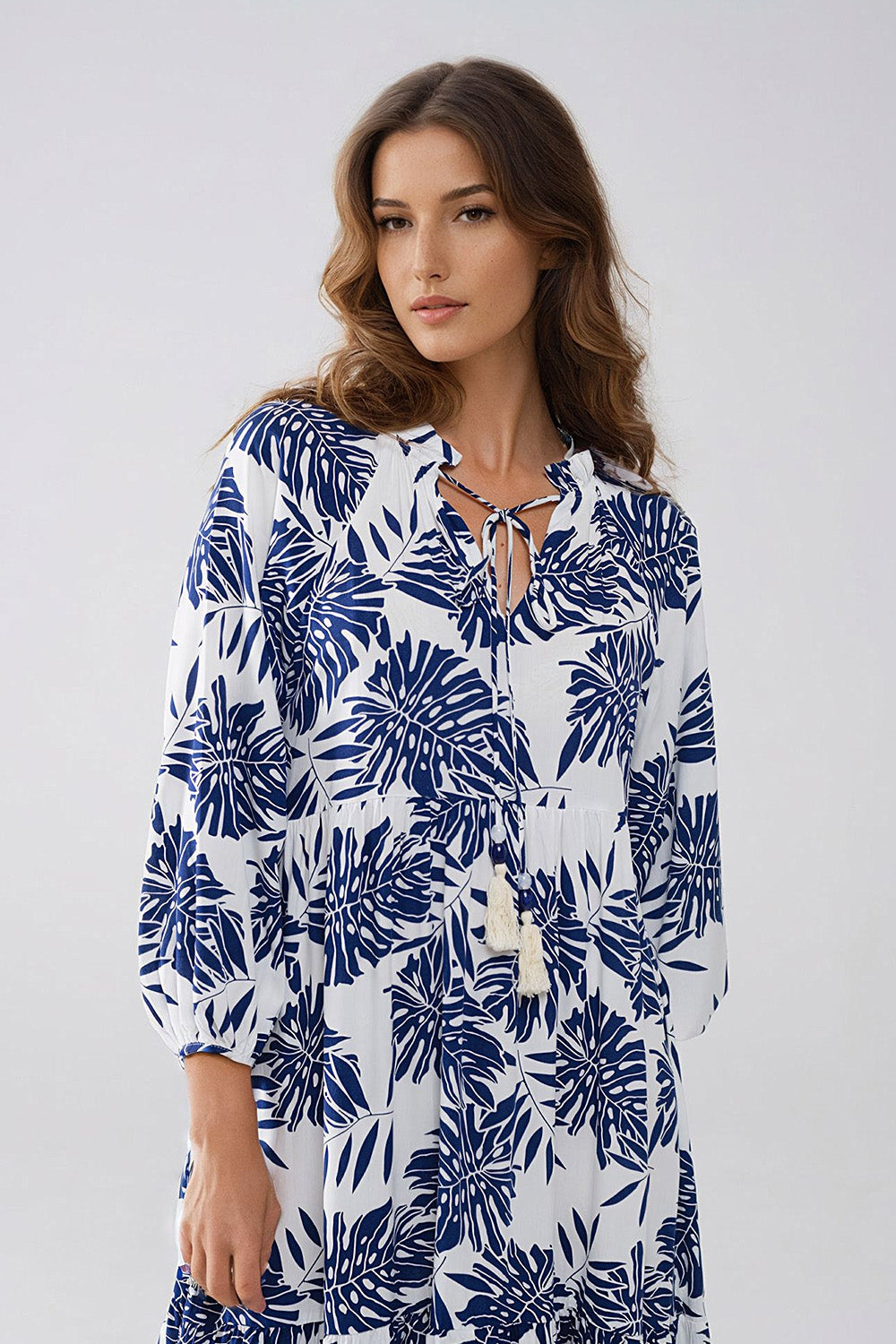 Boho Long Sleeve Balloon Robe with Dark Blue and White Leaf Print - Perfect for Beach Cover-Ups, Loungewear, and Boho Chic Outfits