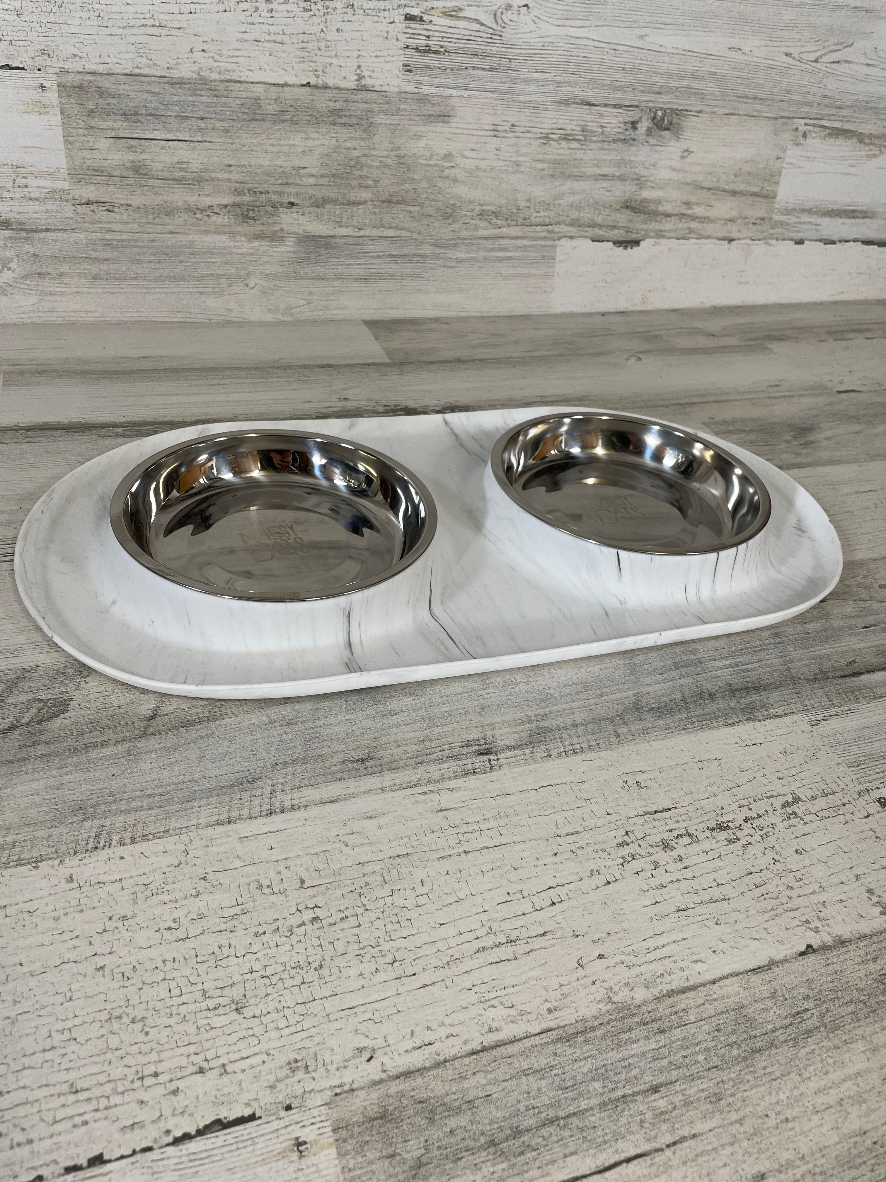 Premium Non-Slip Marble Silicone Cat Feeding Mat with Dual Stainless Steel Bowls - Perfect for Messy Eaters & Multi-Cat Households (Kitchen, Dining Area, Pet Station)