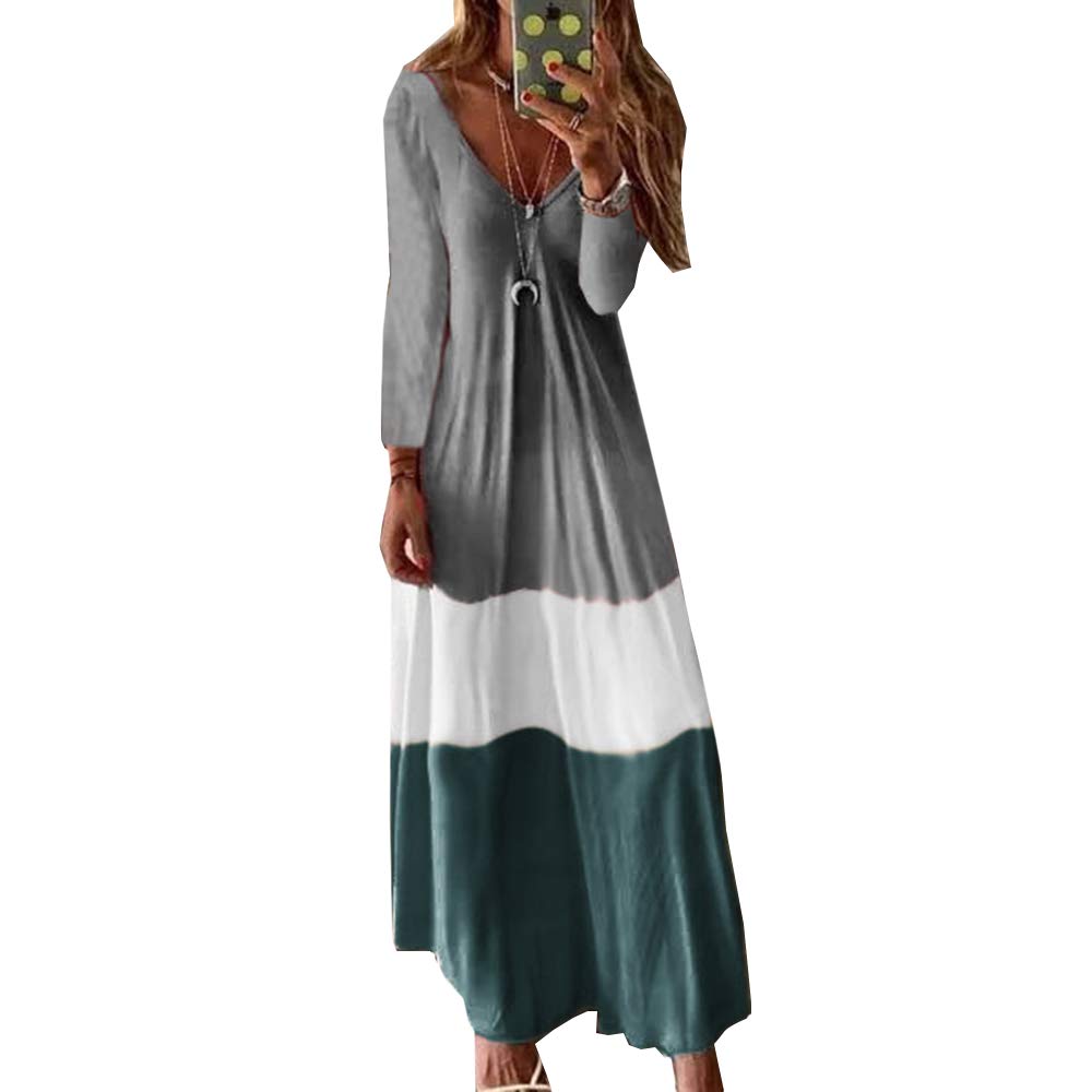 Women's Bohemian Casual Long Sleeve Printed Racerback Loose V-Neck Beach Dress - Fashionable Ladies Summer Dress for Beach Vacation, Music Festival & Boho Style Outfits