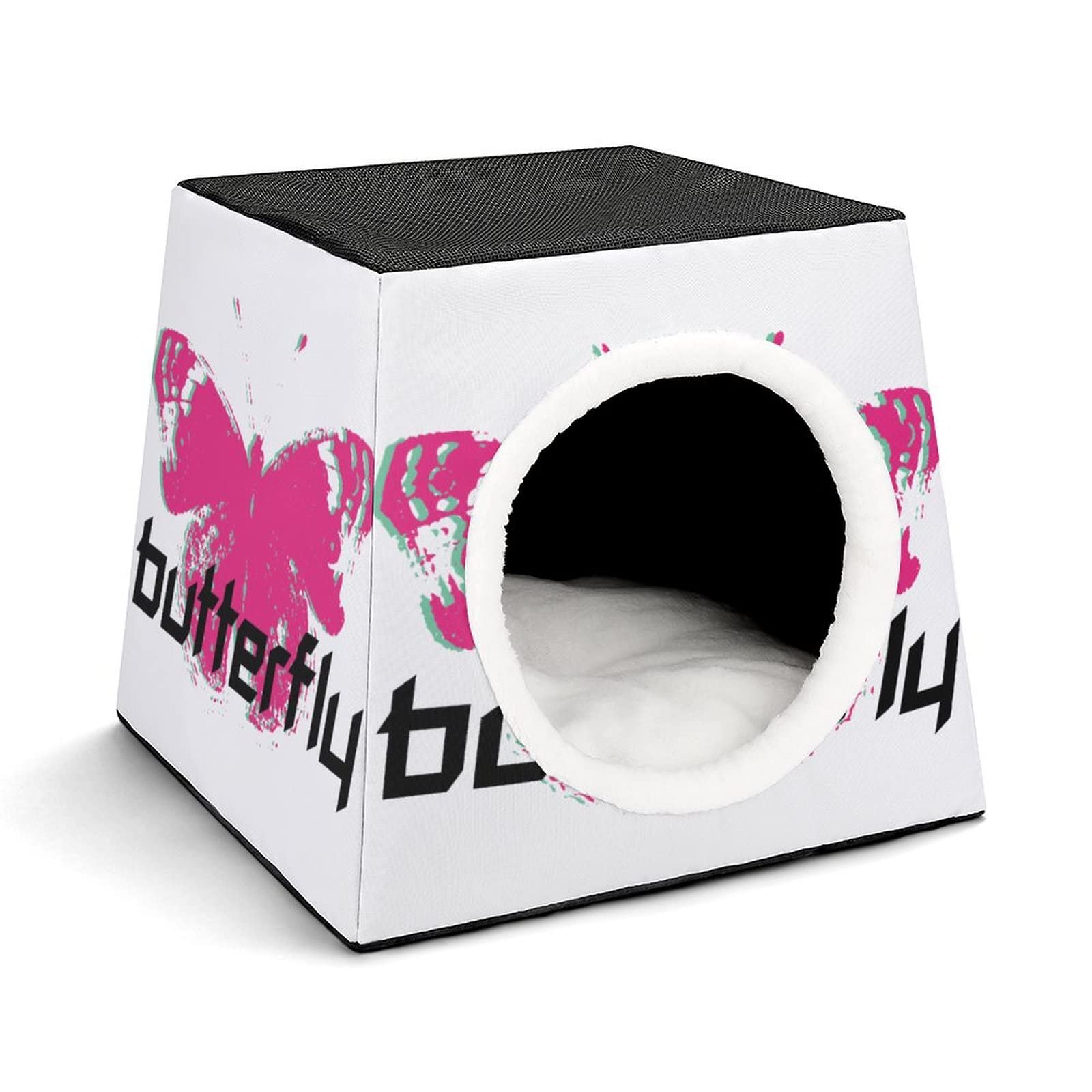 Printed Cat Houses & Condos - Foldable Cat Cube Bed with Removable Pillow - Butterfly Red Design for Indoor Cats - Perfect for Living Room, Bedroom or Office Pet Space